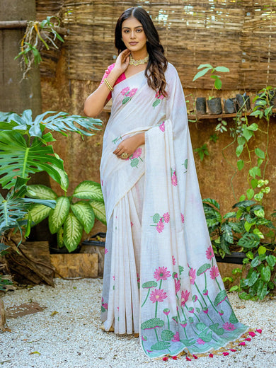 Captivating Off-White Floral Weaving Cotton Casual Wear Saree